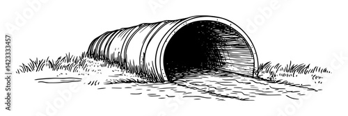 drainage pipe with water flow hand drawn vector illustration in black and white