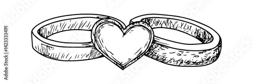 wedding rings with heart hand drawn vector illustration in black and white