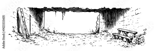 abandoned underground shelter hand drawn vector illustration in black and white