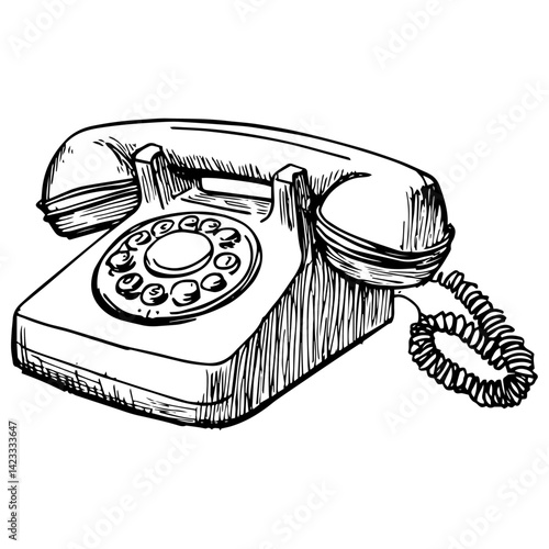 vintage rotary telephone hand drawn vector illustration in black and white