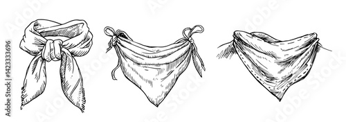 set of hand drawn bandanas in black and white sketch style vector illustration