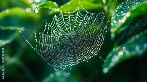 Intricate spider web glistening with dew among lush green leaves on a quiet morning in nature
