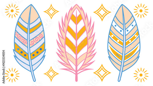 Decorative Outlined Feathers and Sunbursts with Boho Style on White Backdrop