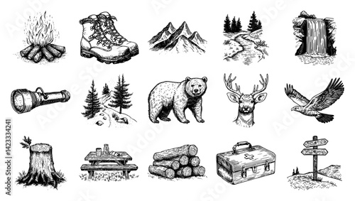 camping icons including campfire, boots, bear, waterfall, deer, and backpack doodle black vector style