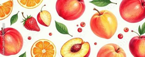 Vintage watercolor fruit pattern Peaches, berries, citrus slices Red-orange palette , nature, illustration