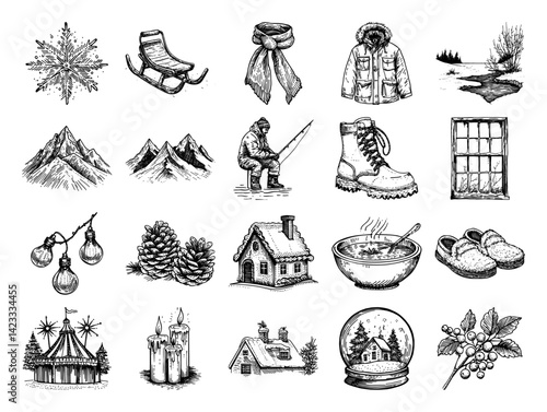 winter icons including snowflake, scarf, cabin, soup, pinecone, and boots vector doodle sketch