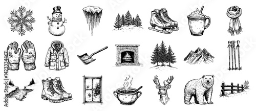 winter elements including snowflake, snowman, fireplace, polar bear, hot drink, and forest, hand drawn vector doodle icons