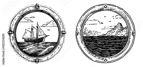 hand drawn ship and seascape view through porthole, vintage nautical doodle illustration