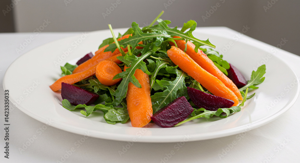 Vibrant Salad Presentation Featuring Orange Carrots Green Arugula and Purple Beet Slices on White Plate Vibrant Salad Presentation Featuring Orange Carrots Green Arugula and Purple Beet Slices on White Plate