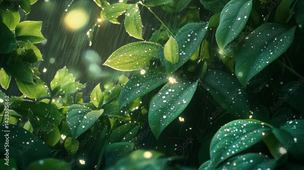 Raindrops sparkle on lush green leaves in a vibrant forest during a serene afternoon Raindrops sparkle on lush green leaves in a vibrant forest during a serene afternoon