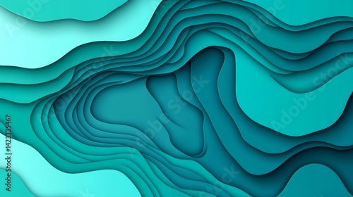 Abstract Background, Turquoise And Teal Layered Paper Art, 3D Render, Dynamic Fluid Forms