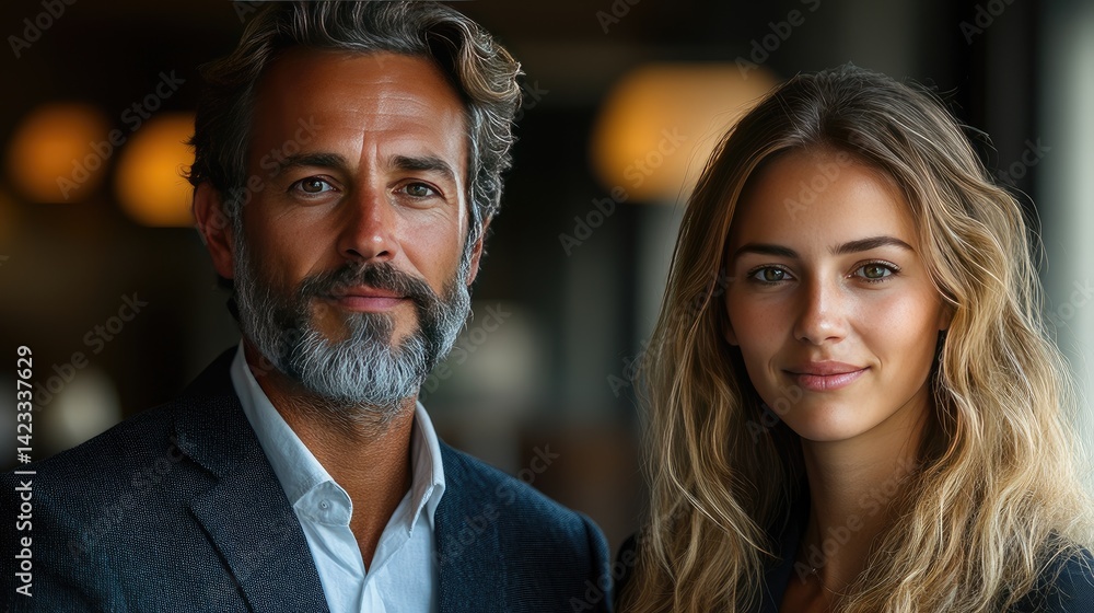 Two confident business professionals standing together, embodying teamwork and professionalism. Two confident business professionals standing together, embodying teamwork and professionalism.