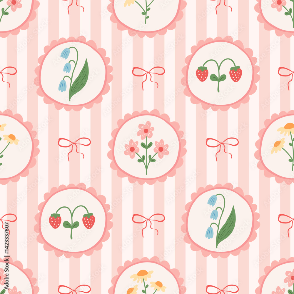 Preppy seamless pattern on a striped background with strawberry and flowers in frame, bow. Couquette pastel background. Vector illustration for textile, baby clothes, wallpaper.