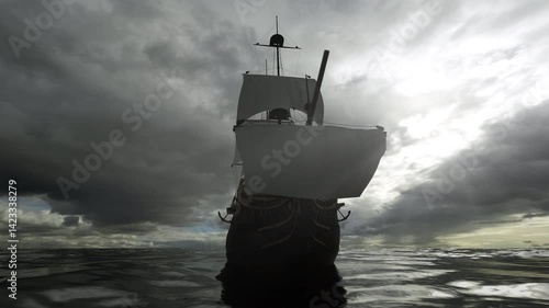 Close up on a pirate ship sailing through stormy ocean. Big scary galleon moving through big waves during cloudy weather. Front view. 3D animation.