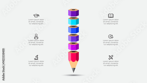 Illustration of a colorful pencil infographic surrounded by icons representing education, learning, science, and creativity in professional and academic contexts