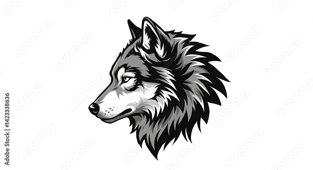 Naklejka premium wolf head profile in bold contour lines, geometric mane shapes, negative space eyes, strong monochrome aesthetic