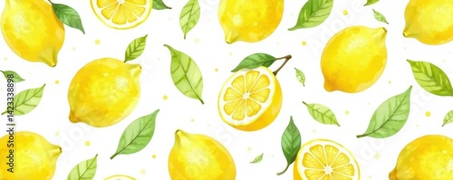 Watercolor lemon pattern, seamless repeat Bright yellow lemons, white background , illustration, surface
