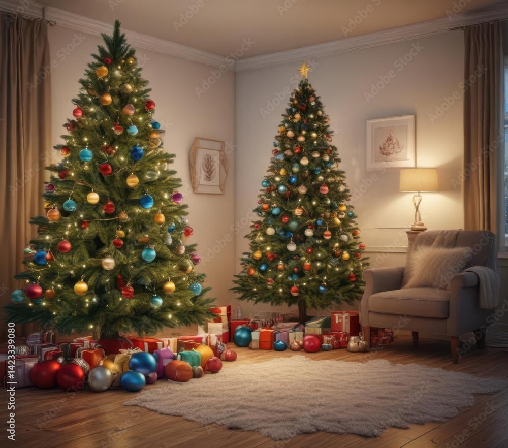 A brightly lit Christmas tree stands in a cozy room, filled with colorful baubles , colorful, baubles, shining A brightly lit Christmas tree stands in a cozy room, filled with colorful baubles , colorful, baubles, shining