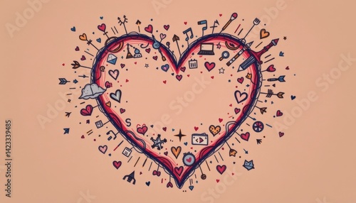 A hand drawn heart with doodles and symbols representing love and affection.