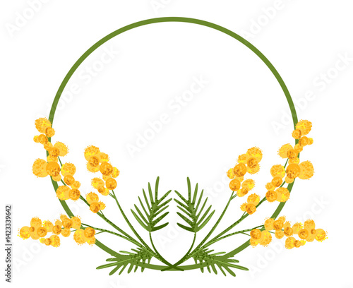 Circle frame with yellow mimosa flower in flat style with grainy texture