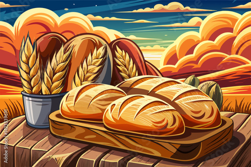Freshly Baked Bread Loaves on wooden basket and tables at amazing sunset time