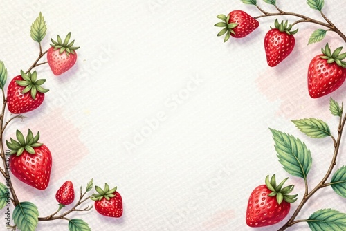 Delicate watercolor strawberry branches on a subtle checkered background , branch, pastel