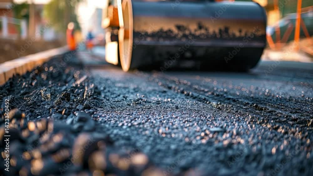 Road Construction: A detailed view captures a steamroller compacting asphalt during road construction, showcasing the process of building and maintaining infrastructure.