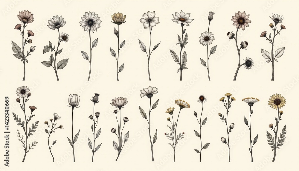 Obraz premium A series of hand drawn botanical illustrations featuring various wildflowers in delicate outlines.