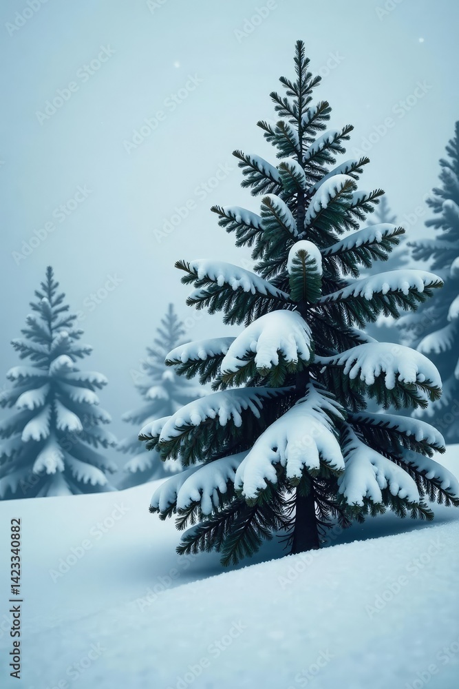 Obraz premium Branches of a fir tree isolated in a snowy landscape, snowflakes, landscape, solitude
