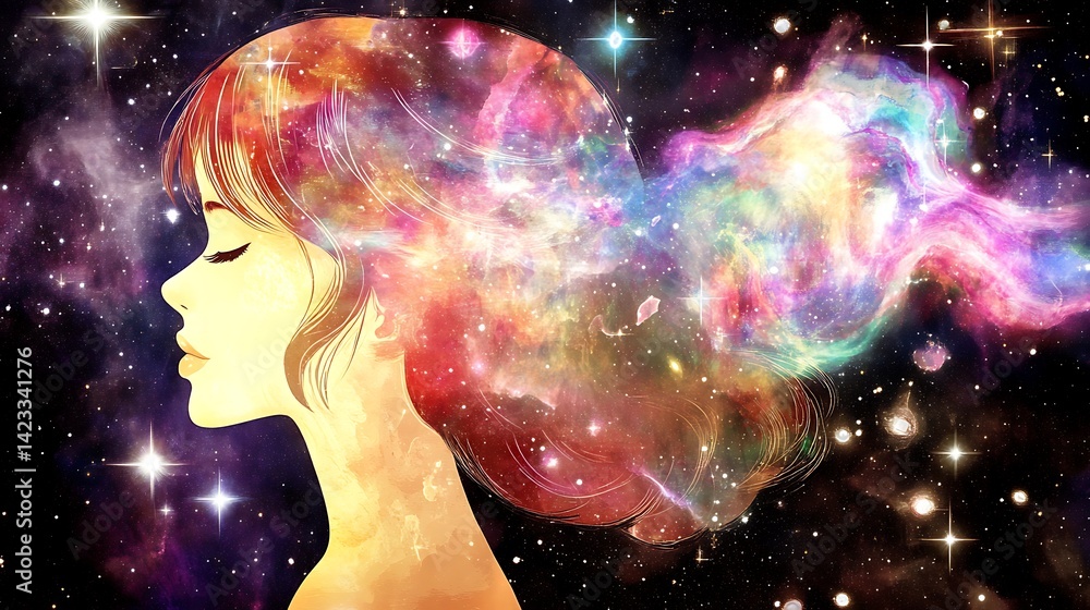 Colorful cosmic woman's thoughts float in space. Colorful cosmic woman's thoughts float in space.