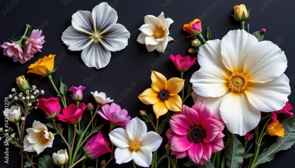 Flowers arranged artistically with delicate outlines, set against a dark, contrasting background. Flowers arranged artistically with delicate outlines, set against a dark, contrasting background.