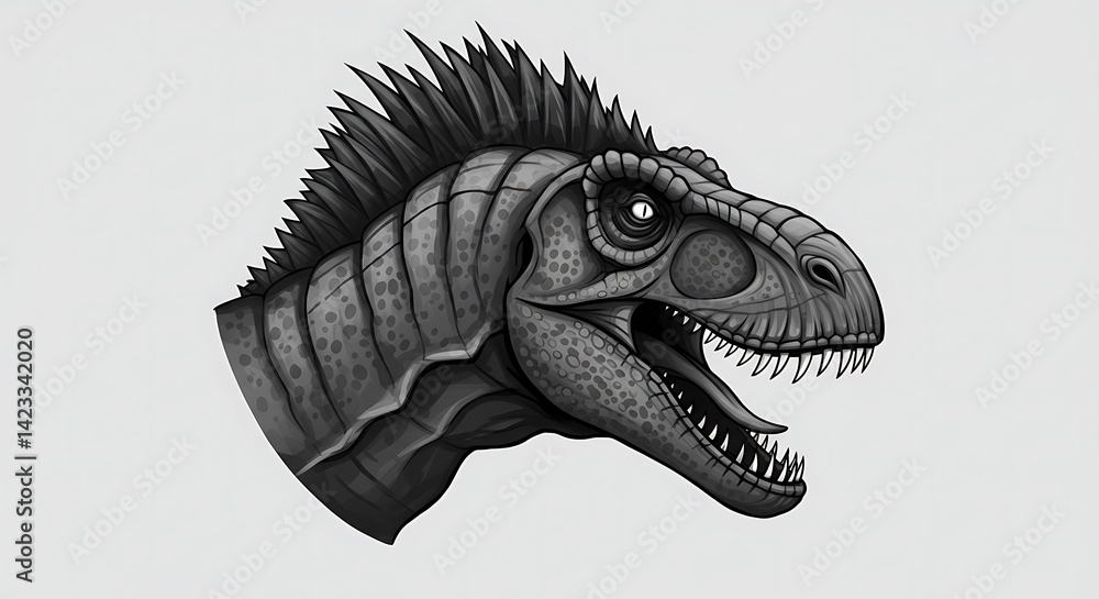 Fototapeta premium Dino head profile in bold contour lines, geometric mane shapes, negative space eyes, strong monochrome aesthetic