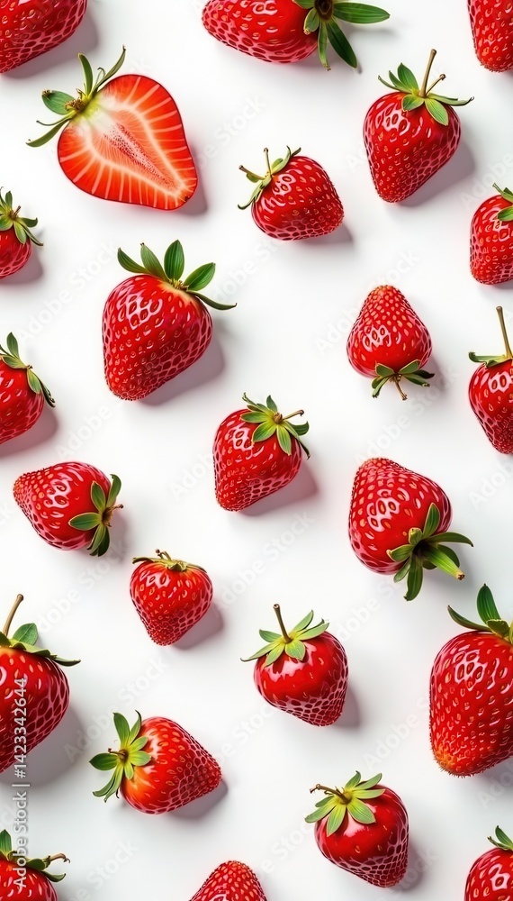 Sweet strawberry seamless pattern, ripe red berries on white background, illustration, green Sweet strawberry seamless pattern, ripe red berries on white background, illustration, green