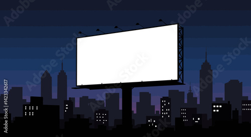 A blank billboard stands tall against a pixelated city skyline at night