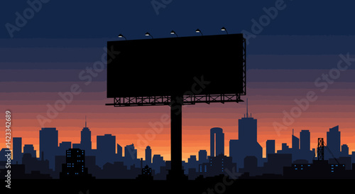 A towering billboard looms over a pixelated city as dusk descends casting silhouettes