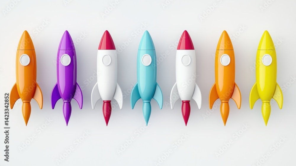 Colorful Stylized Toy Rockets Arranged in a Straight Line Featuring Vibrant Color Variations and Playful Designs Colorful Stylized Toy Rockets Arranged in a Straight Line Featuring Vibrant Color Variations and Playful Designs