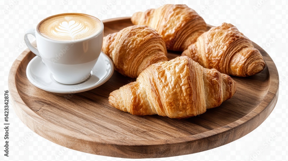 Enjoying fresh croissants and coffee on a wooden platter in a cozy cafe setting Enjoying fresh croissants and coffee on a wooden platter in a cozy cafe setting