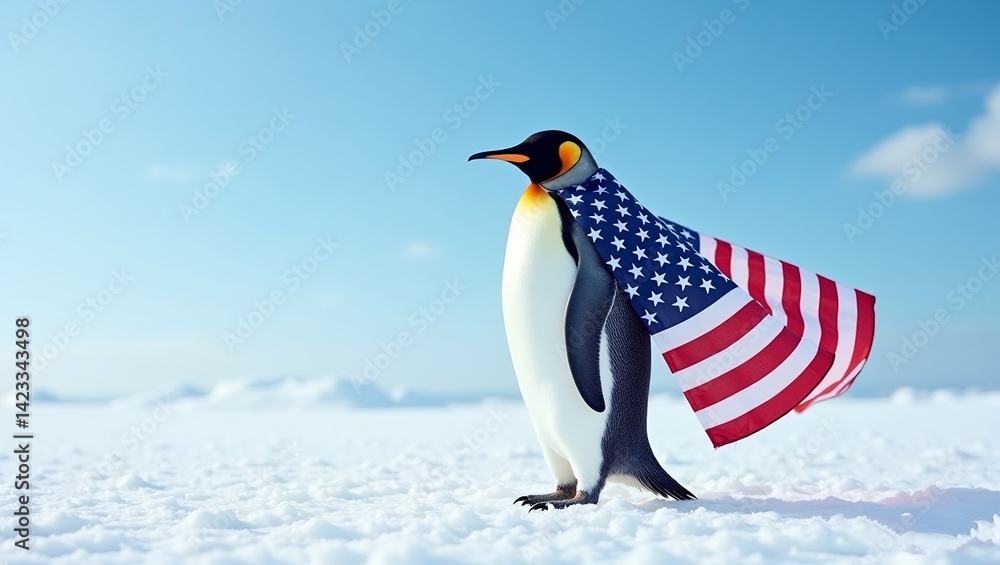 Fototapeta premium A photo of a penguin wearing a USA flag as a cape. The penguin is standing on a snowy landscape. The background reveals a blue sky with a few clouds.