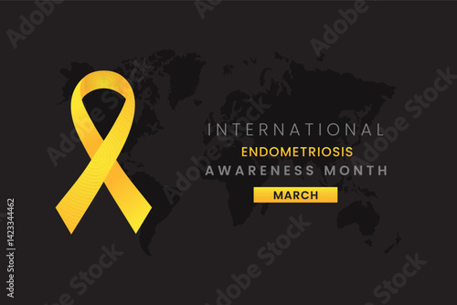 Elegant Design Highlighting International Endometriosis Awareness Month with Yellow Ribbon and World Map Silhouette on Dark Background.