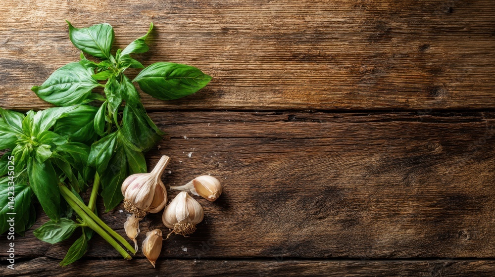 Fresh basil and garlic on rustic wooden tabletop background Fresh basil and garlic on rustic wooden tabletop background