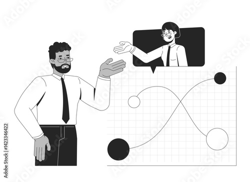 Data discussion and analysts collaboration line illustration concept. Diverse businesspeople analyzing performance chart nodes outline 2D characters isolated. Ink linear metaphor vector art