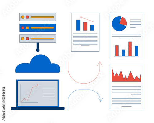 Cloud analytics and reports trend arrows 2D cartoon objects set. Laptop chart, server rack, analysis graphs paperwork isolated elements flat vector clip arts on white. Spot illustrations collection