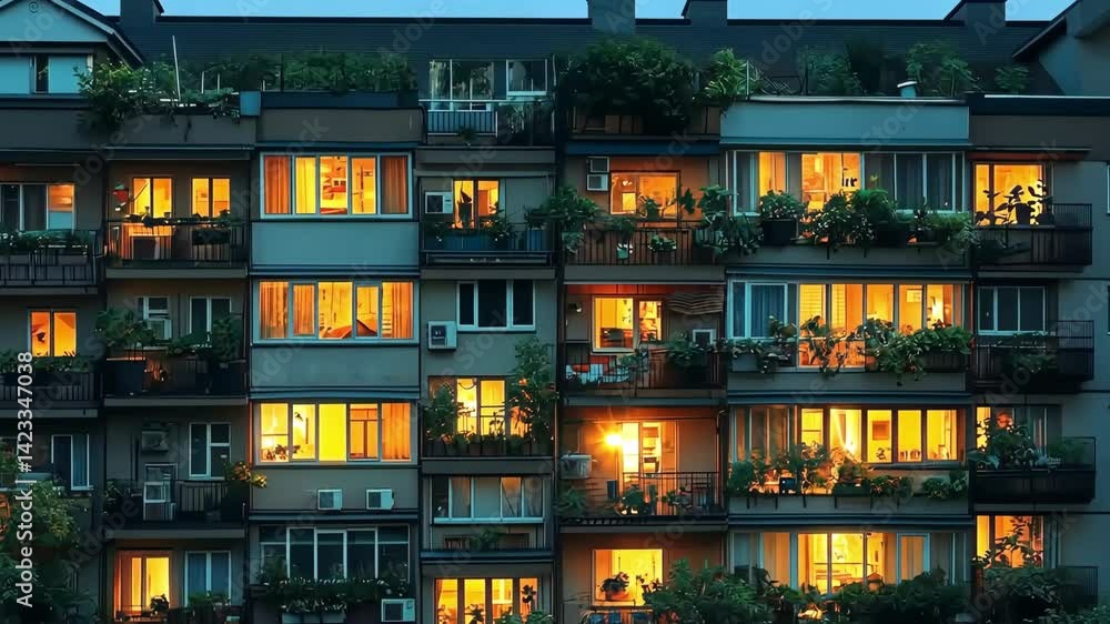 Warm evening glow illuminates high-rise apartments with vibrant plant life and cozy interiors Warm evening glow illuminates high-rise apartments with vibrant plant life and cozy interiors