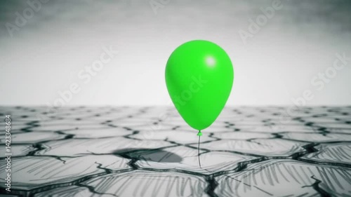 A solitary green balloon drifts through a lifeless, pencil-drawn void