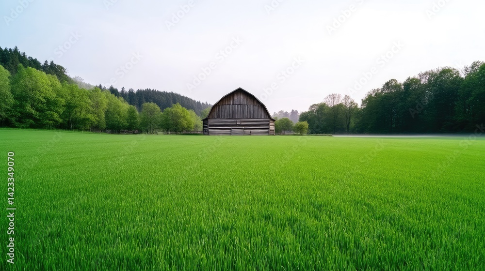 Obraz premium Rural barn in a vibrant green field