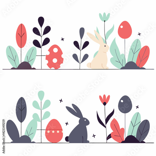 Kid Easter theme, Cute bunny and colorful Easter egg surrounded by plants and flowers create cheerful spring scene. Isolate on white background, commercial use