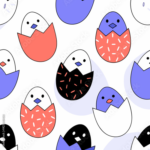 Kid Seamless Pattern Easter Theme, Cute chicks cracking colorful eggs create playful and cheerful pattern, perfect for springtime designs. Isolate on white background, commercial use
