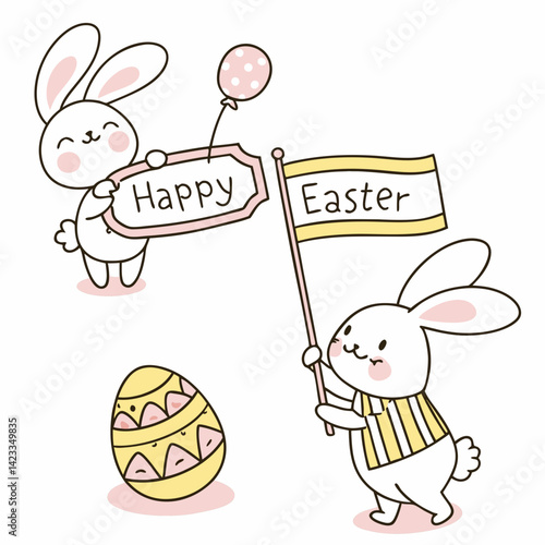 Kid Happy Easter Theme, cute rabbits celebrating Easter with colorful egg, one holding sign and other flag, spreading joy. Isolate on white background, commercial use