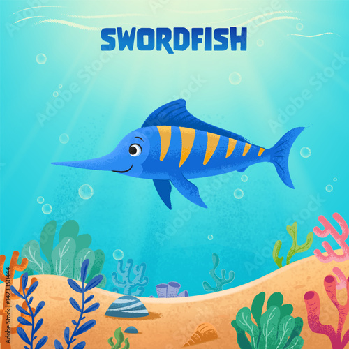 cute cartoon swordfish in the sea illustration