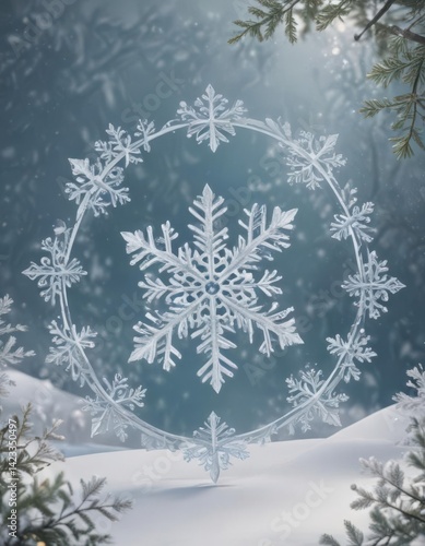 Delicate snowflake border surrounds a charming winter illustration on a Christmas card template , white, winter, graphic